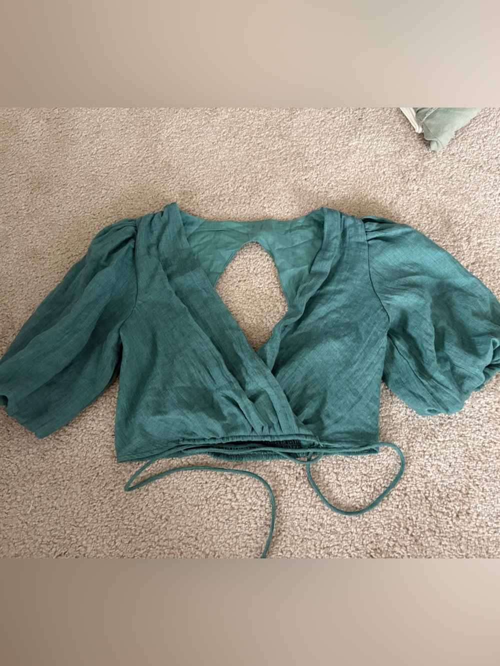 Moon River Teal Wrap Crop Top with Puff Sleeves